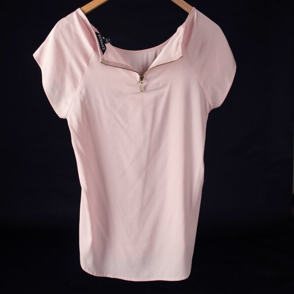 EXPRESS Blouse Silky Raglan Short Sleeve Round Neck Pastel Pink - Picture 4 of 9